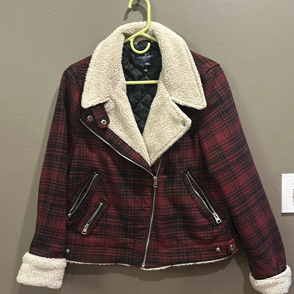 American Eagle Coat red black plaid with faux shearling trim. Size Large